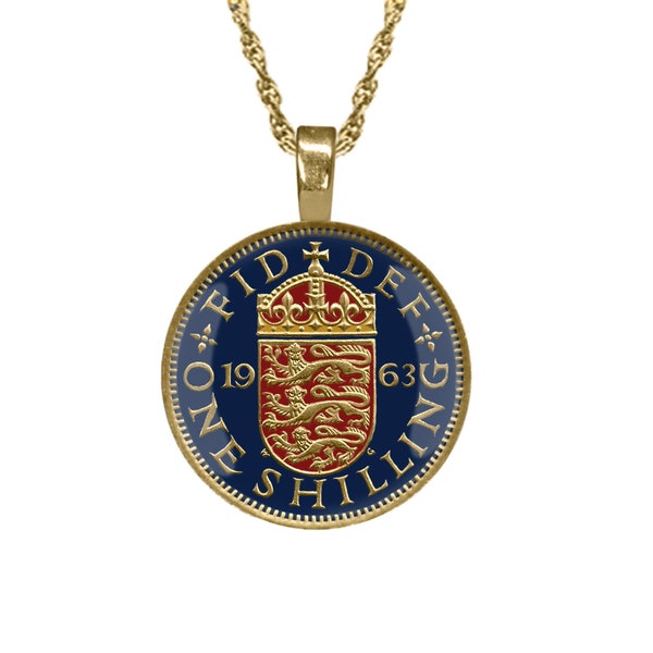 British Shilling Pendant, UK Coin Necklace, Hand Enamelled Gold Jewellery
