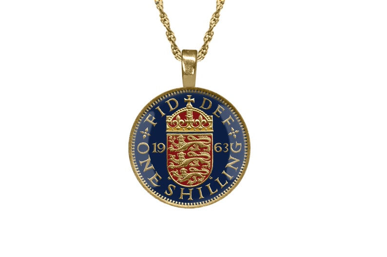 UK Coin Necklace British Shilling Pendant Hand Enamelled Gold Jewellery