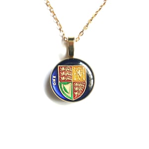 British Necklace, UK Pendant, English Gold jewelry, Hand Enamelled One Pound Coin, Gold Plated with Royal Coat of Arms,