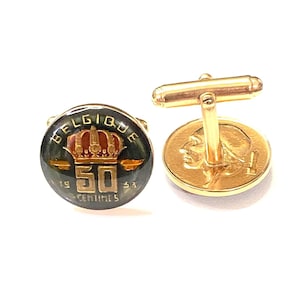 Belgium 50 Centimes Coin Cuff links Enamelled with Royal Crown Motif.