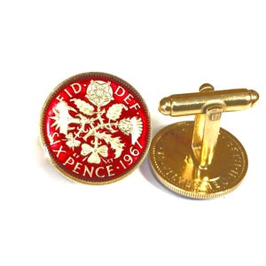 British UK Lucky Sixpence, Enamelled Coin Cufflinks, UK Jewelery