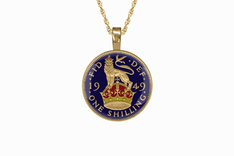 UK Coin Necklace British Shilling Pendant Hand Enamelled Gold Jewellery
