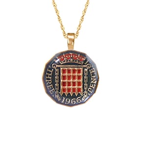 Enameled British Threepence Coin Pendant: 24k Gold Plated Charm