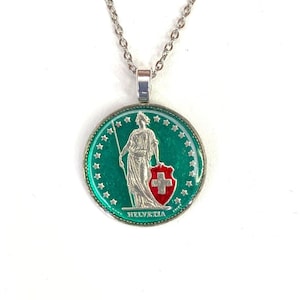 Swiss Coin Pendant, Helvetia Jewelry, Gifts for Switzerland, Ladies Pendants, Turquoise Jewelry, Gold Swiss Jewelry, Silver Swiss Jewelry