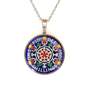 British UK Pendant Two Shillings, Hand Enamelled, Nickel Silver Coin Jewellery, English Pendant, Coin Necklace, Enamelled Jewellery