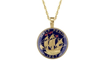 Golden Hind Pendant, Hand Enamelled British Ship Necklace, UK Gold Jewellery