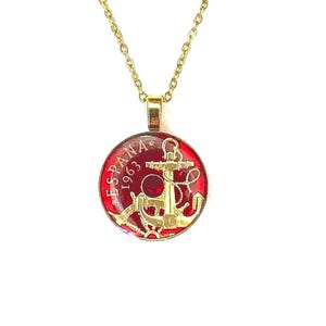 Spanish Coin Pendant, Hand Enameled Necklace, Swarovski Jewelry, Maritime Charm, Spain Gifts, Gift for Maria, Spanish Gold Pendant