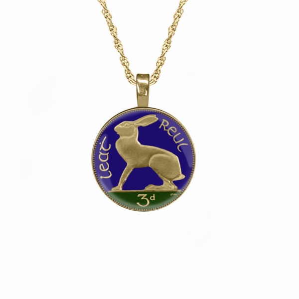 Irish Hare Pendant, Hand Enamelled Irish Coin Necklace, Enamelled Rabbit Necklace.