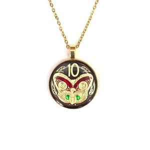 Māori Mask Pendant, New Zealand Coin, NZ Jewellery, Tribal Pendant, Black New Zealand Gifts, New Zealand Charm, Gold Enamel Jewelry