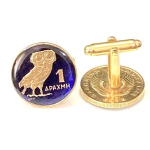 Greek Owl Cuff Links, Hand Enamelled, Gold Plated, Lucky Greek Jewelry