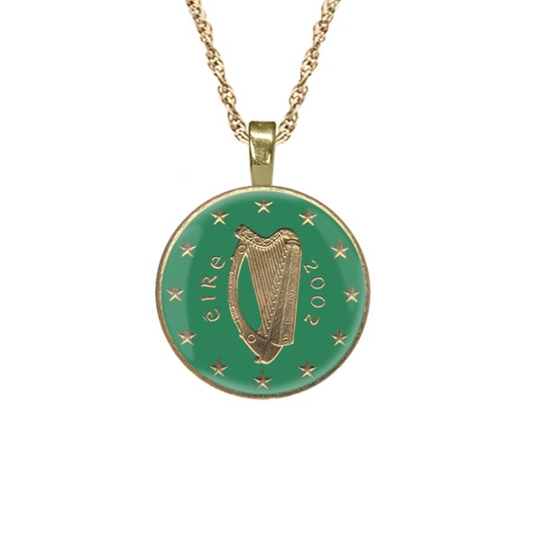 Harp Pendant Enamelled and Gold Plated Irish Coin. Irish Jewellery. Irish Necklace.