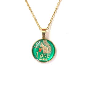 Enamelled Squirrel Pendant: Norwegian Coin Necklace, Hand Painted Charm