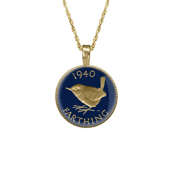 British UK Farthing Coin Pendant, Hand Enamelled English Jewellery, Bird Pendant, British Gold Necklace, Wren, UK Jewellery, Coin Jewellery.