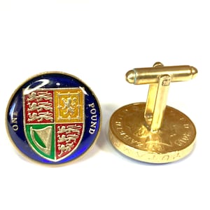 Hand Painted UK Pound Coin Cufflinks: Royal Coat of Arms, Gold Plated