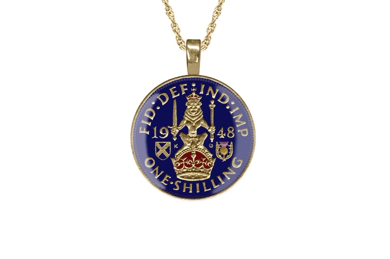 UK Coin Necklace British Shilling Pendant Hand Enamelled Gold Jewellery