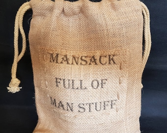 Mansack full of Manstuff, hessian sack, gift bag for him