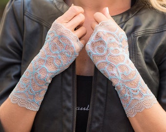 Light Denim Blue and Rose Lace gloves, Fingerless gloves, Woman gloves, sheer mittens, length  8' (20 cm), driving gloves