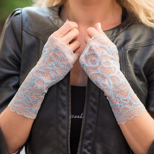 Light Denim Blue and Rose Lace gloves, Fingerless gloves, Woman gloves, sheer mittens, length  8&#39; (20 cm), driving gloves