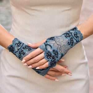 Dress Gloves, Lace Fingerless Glove, Short Dark Cyan and Black Fingerless gloves, Wedding Gloves, Tattoo Cover Up, Boudoir, Burlesque Party