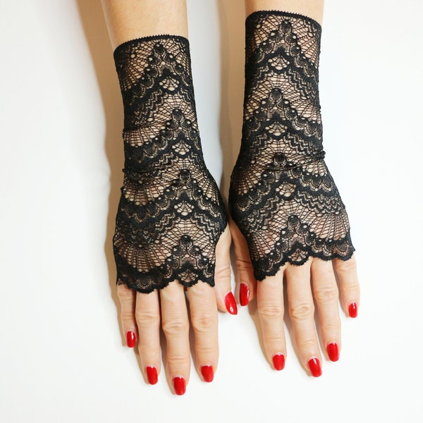 Gants en dentelle gothique noire, mitaines romantiques, Grands gants