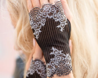 Elegantes guantes Steampunk, guantes sin dedos de encaje blanco y negro, danza del vientre fusión, burlesque gótico