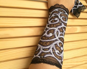 Tattoo cover Black and Silver Wrist Cuffs Lace bracelets Wrist wraps Futuristic gloves Cyberpunk clothing Gothic wedding Wrap bracelet women