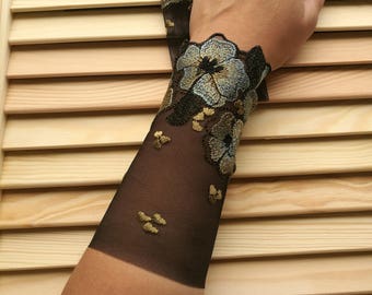 Black With Floral Embroidery  Wrist Cuffs, Wedding, Gothic, Regency, Tribal, Bellydance, Goth, Bridesmaid, Vampire,