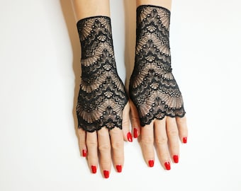Gants en dentelle gothique noire, mitaines romantiques, Grands gants