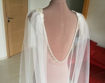 Bridal cape with crystal applique, veil alternative, wedding shawl