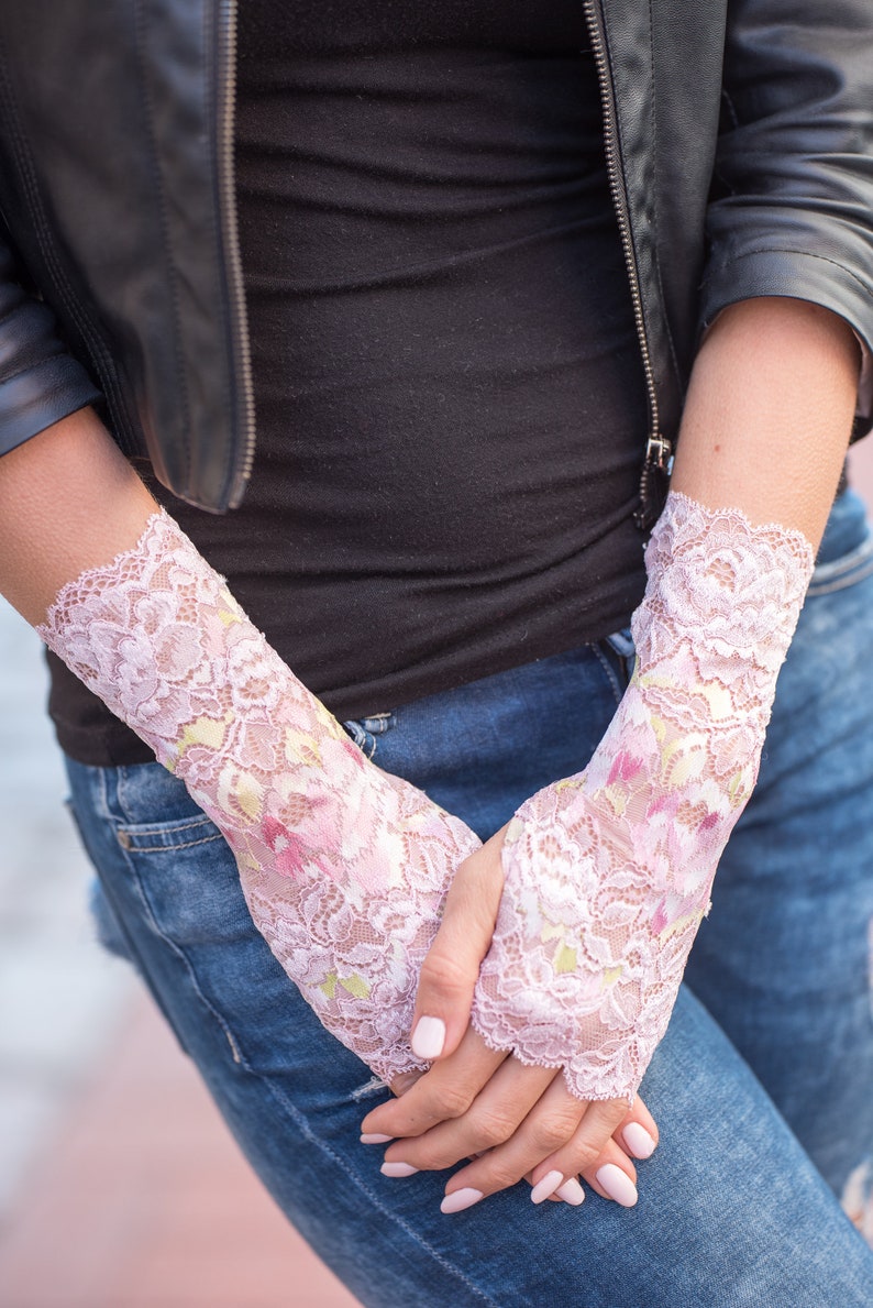 Prom Gloves Pink Blush Lace Fingerless Gloves Multicolored Etsy
