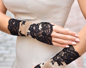 Lace Fingerless Gloves, Black with Platinum Gothic Wedding Gloves, Elegant Bridal Gloves, Retro Party Gloves, Evening Gloves,