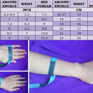 May include: Image showing a size chart for wrist, knuckle, and forearm measurements in inches and centimeters. The chart is in a table format with sizes XS to XXL. The image also includes photos of a hand and arm being measured with a blue measuring tape.