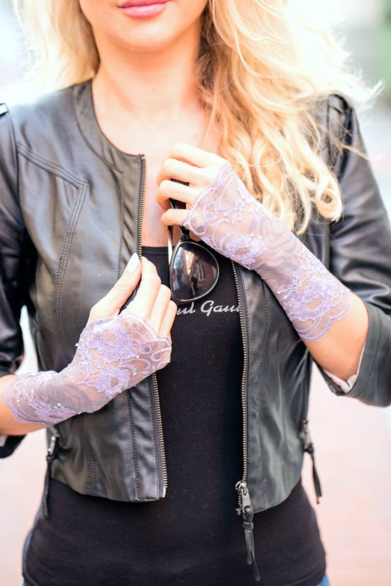 Lace Gloves Fingerless Gloves Lace Lilac and Grey Gloves Etsy