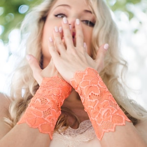 Short Orange   Lace Wrist Cuffs ,  soft elastic lace,  tattoo cover, boho cuff, lace bracelet