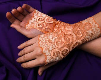 Sweet Lolita, Orange lace gloves, Regency fingerless, Fingerless mittens