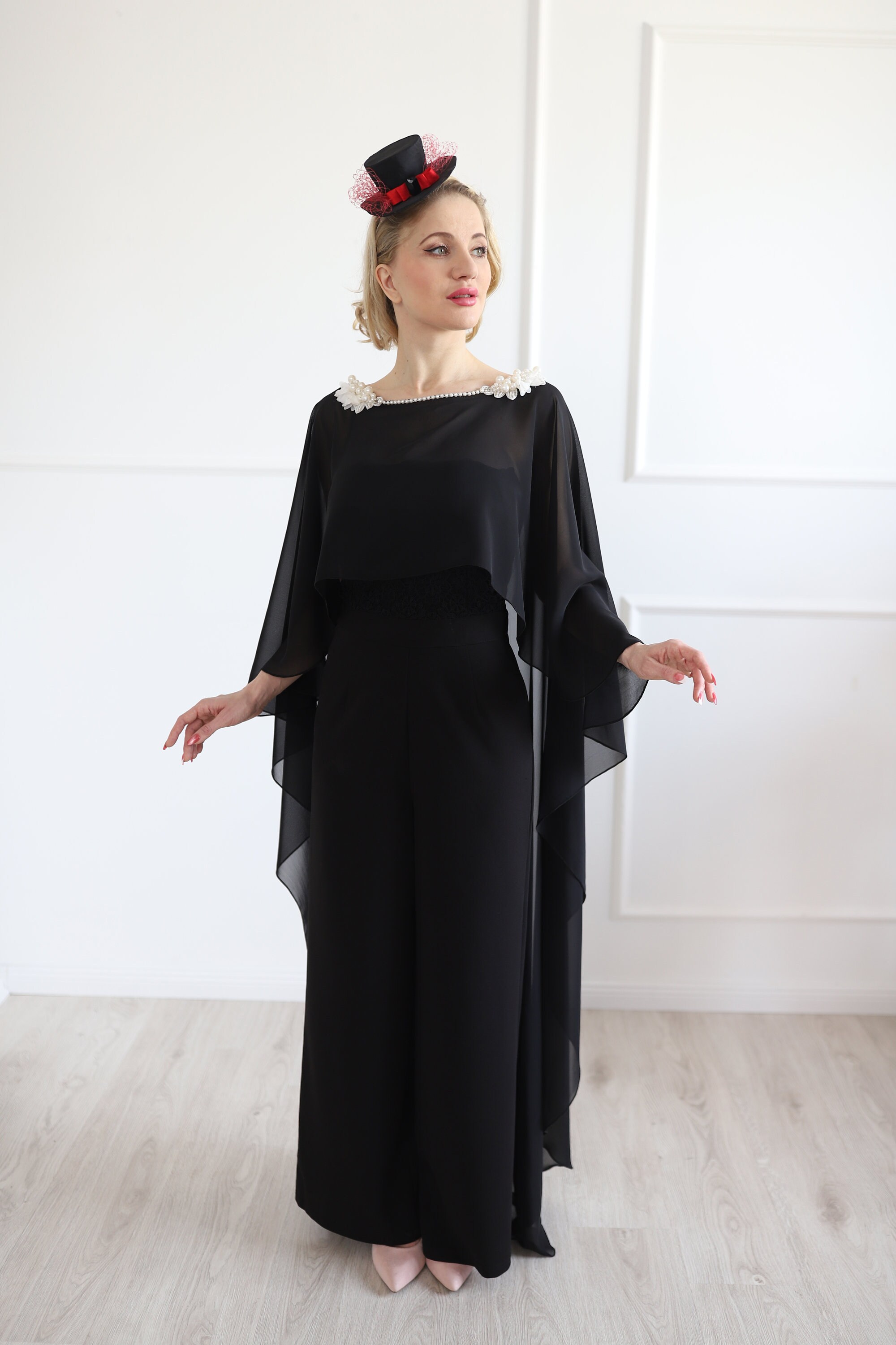 Bridal black chiffon cape Medieval long cape Pearl Wedding | Etsy