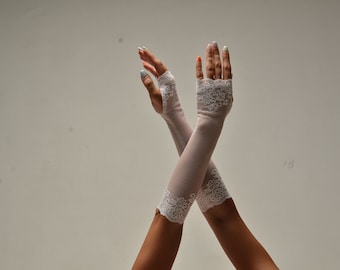 Long wedding gloves, White Lace Fingerless Gloves, Elegant mittens, Romantic glove,  Glove woman, Prom gloves