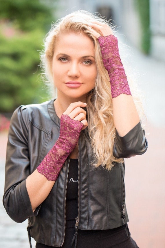 Semi Sheer Gloves Burgundy Lace Fingerless Gloves Romantic Mittens Stretch Soft Lace Length 8 2 20 5 Cm Etsy UK