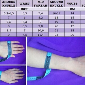 May include: A chart showing wrist and forearm measurements in inches and centimeters for different sizes, from XS to XXL. The chart is on a purple background.