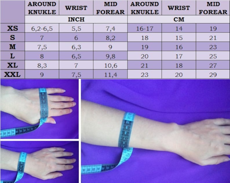 May include: A chart showing wrist and forearm measurements in inches and centimeters for different sizes, from XS to XXL. The chart is on a purple background.