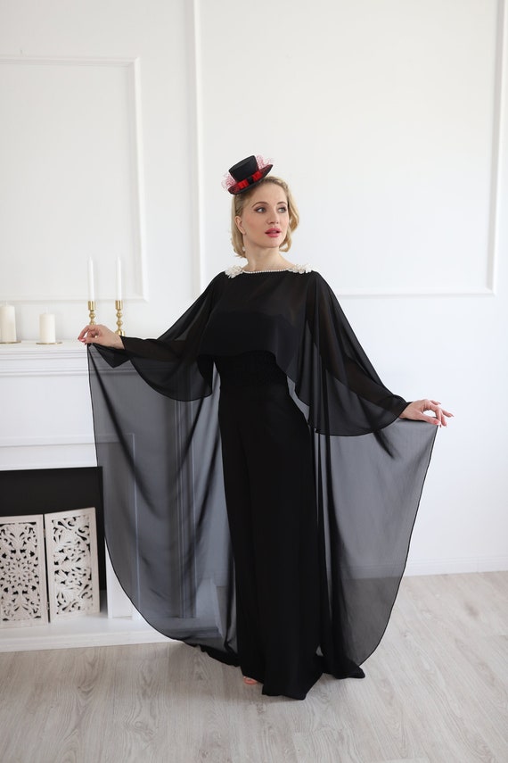 Bridal Black Chiffon Cape Medieval Long Cape Pearl Wedding Cape Bridal Cover Up Bridal Cloak Chiffon Capelet Etsy Canada