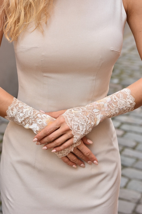 Prom Gloves Nude Lace Fingerless Gloves Multi colored Lace