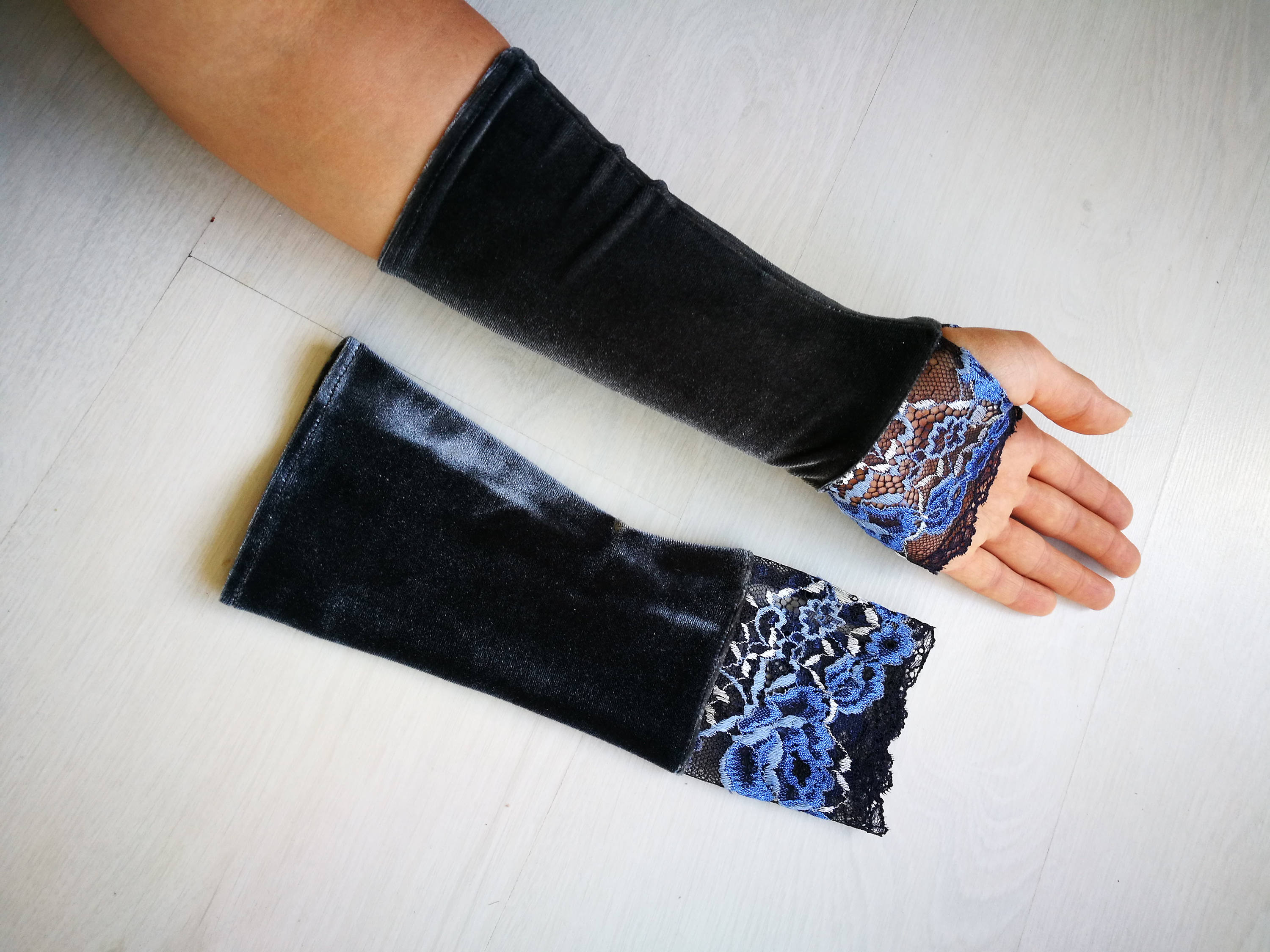 Fingerless gloves Velvet gloves with lace Grey gloves Tattoo Etsy