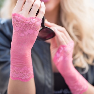 Valentine Pink gloves,  Lace Fingerless Gloves with hearty ornament, woman mittens, length 7,8" (19 cm)