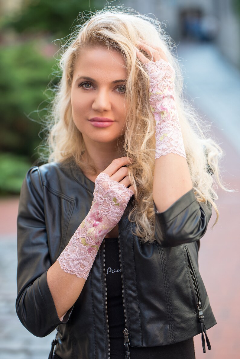 Prom Gloves Pink Blush Lace Fingerless Gloves Multicolored Etsy
