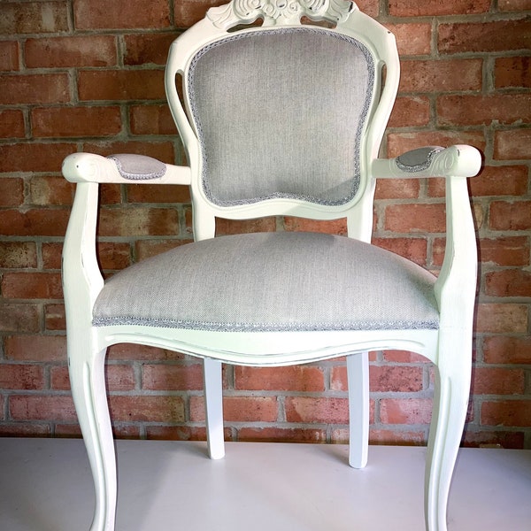 French Louis Style Shabby Chic Armchair white Paint Grey Fabric