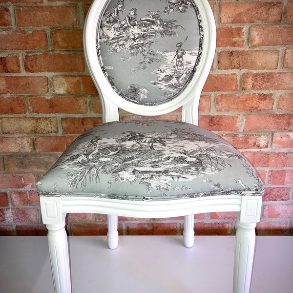 French Toile Bedroom Chair Grey Cotton Fabric Painted White Frame.