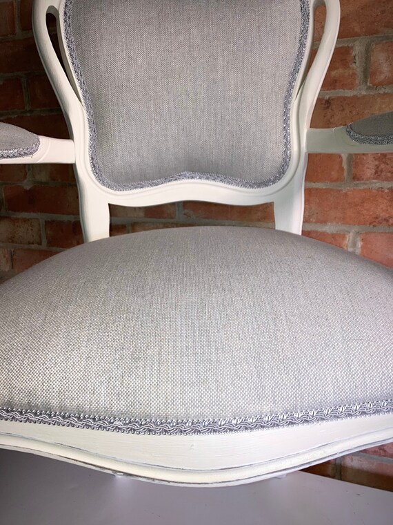 French Louis Style Shabby Chic Armchair White Paint Grey Fabric