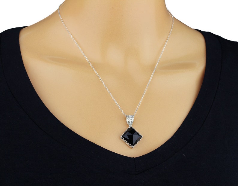 Black Onyx Necklace Ornate Diamond Shape Pendant 925 Etsy