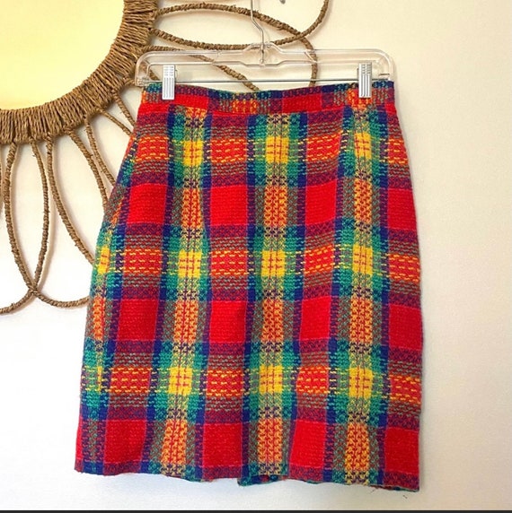 Vintage Rainbow Plaid Tweed Skirt